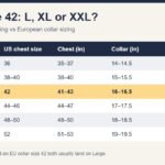Shirt size 42 chart comparing US chest sizes and EU collar sizes from S to XXXL