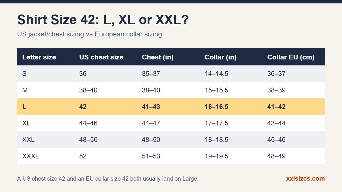 Shirt size 42 chart comparing US chest sizes and EU collar sizes from S to XXXL