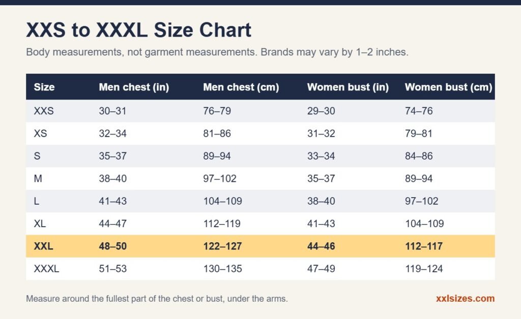 XS to XXL size chart with chest and bust measurements in inches and cm