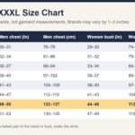 XS to XXL size chart with chest and bust measurements in inches and cm