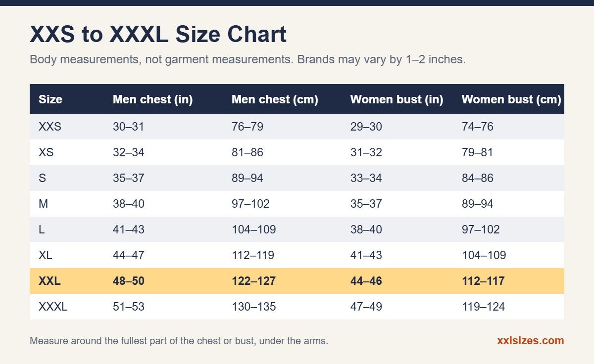 XS to XXL size chart with chest and bust measurements in inches and cm