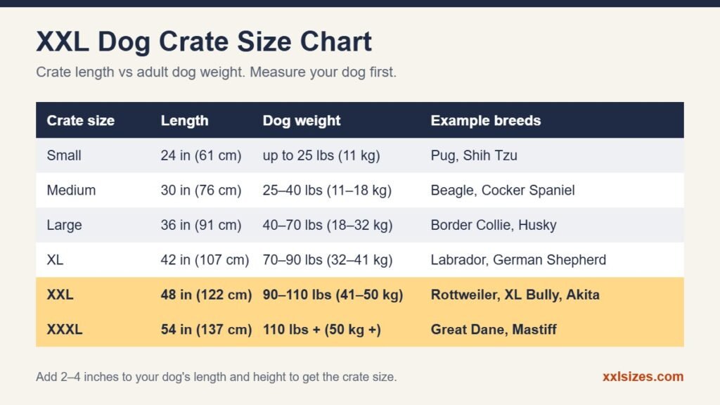 XXL dog crate size chart showing crate length, dog weight in lbs and kg, and example breeds