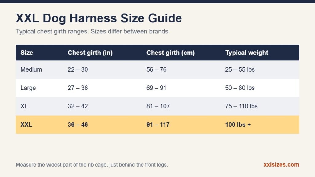 XXL dog harness size chart with chest girth in inches and cm and typical dog weight