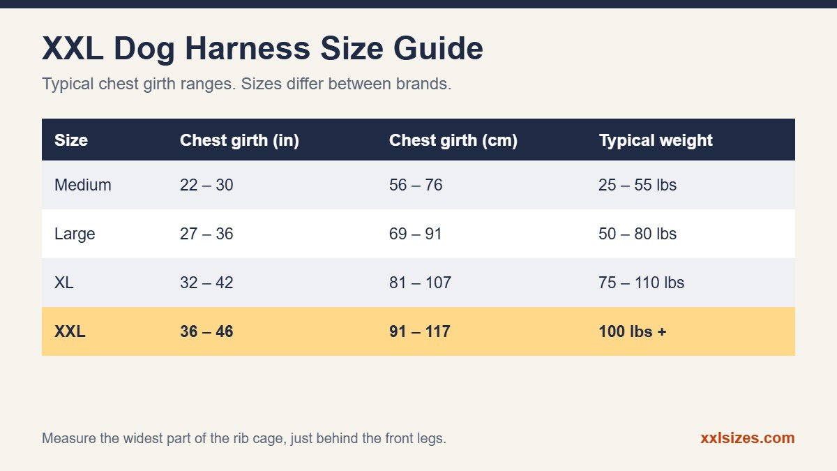 XXL dog harness size chart with chest girth in inches and cm and typical dog weight