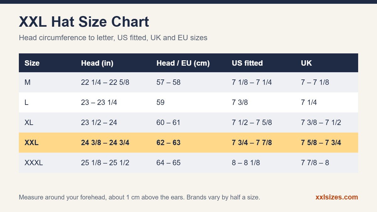 XXL hat size chart with head circumference in inches and cm, US fitted and UK sizes