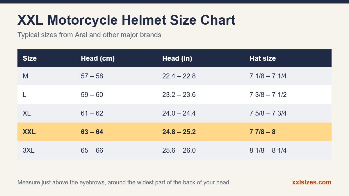 XXL motorcycle helmet size chart with head circumference in cm and inches and hat sizes