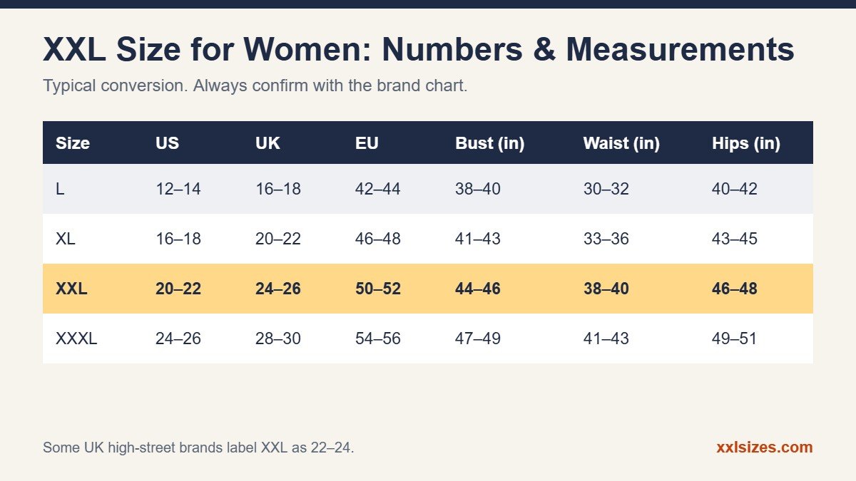 XXL size for women chart with US, UK, EU numbers and bust, waist, hip measurements