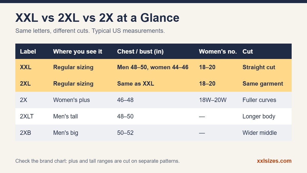 XXL vs 2XL vs 2X comparison chart with measurements and cut differences